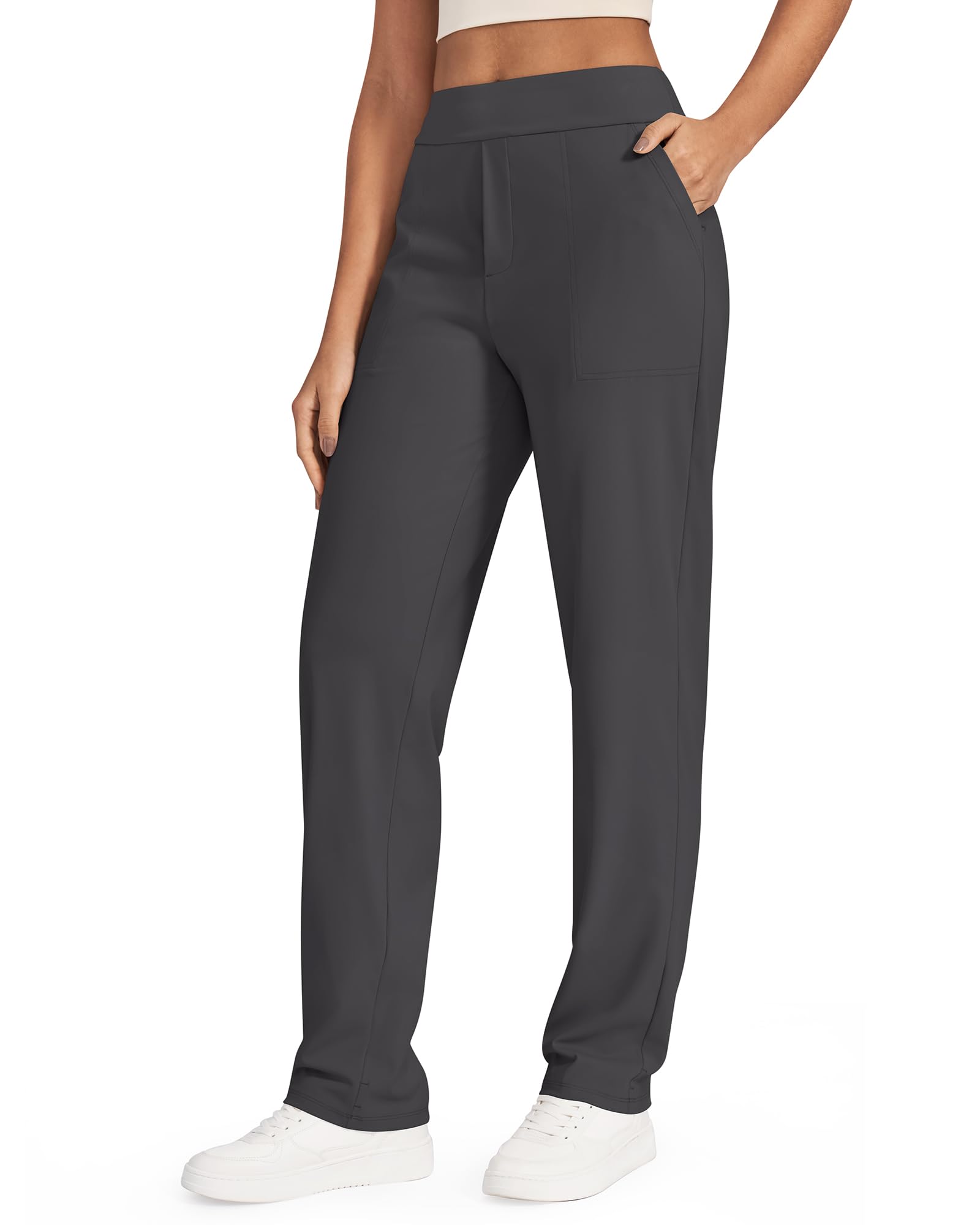 Photo 1 of G4Free Straight Business Trousers for Women Office Wide Legs Slacks Lightweight Athletic Yoga Pants for Casual (Dark Gray,XXL,32")