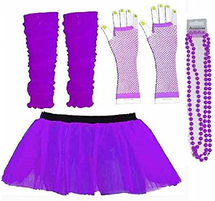 Four Peice Adult Tutu Set Neon Purple Tutu Legwarmers Fishnet Gloves Beads 80s Fancy Dress Costume (RB Fashions Clothing)