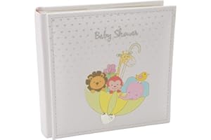 Happy Homewares White Noah's Ark Baby Shower Photo Album with Colorful Animals and Silver Hearts Holds 80 4x6 Pictures - Lovely Baby Shower Token Idea