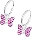 Hypoallergenic Sterling Silver Pink Crystal Butterfly Tiny Hoop Earrings for Kids (Nickel Free)