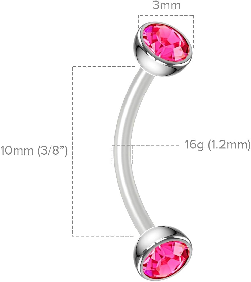 Bling Piercing 2pc 16g Flexible Bioflex Curved Barbell Halfball Rose Crystal 10mm Bioplast J-Curve Bent Banana Bar - Image 3