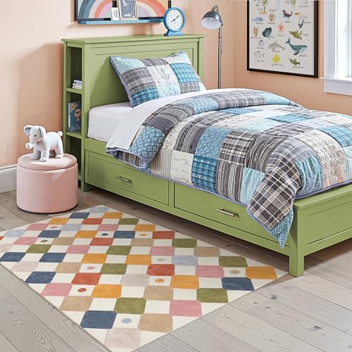 jinchan Kids Area Rug 4x6 Washable Indoor Checkered Floor Cover Non Slip Modern Soft Rug Living Room Carpet Decor for Nursery Dining Room Bedroom Circus on Cream