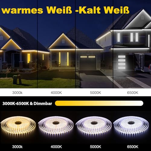 LED Strip Outdoor Use, Warm White to Cool White, Dimmable, Outdoor LED Strip, Alexa Compatible WiFi App & Remote Control, 24 V LED Strip, IP67 Waterproof Tape, Self-Adhesive for Kitchen, Patios (15 m)