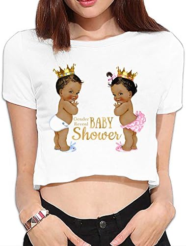 McNally Prince Princess Gender Reveal Baby Shower Girl's Summer Loose Fit Sexy Short Sleeve T-shirt Casual Crop Top SWhite