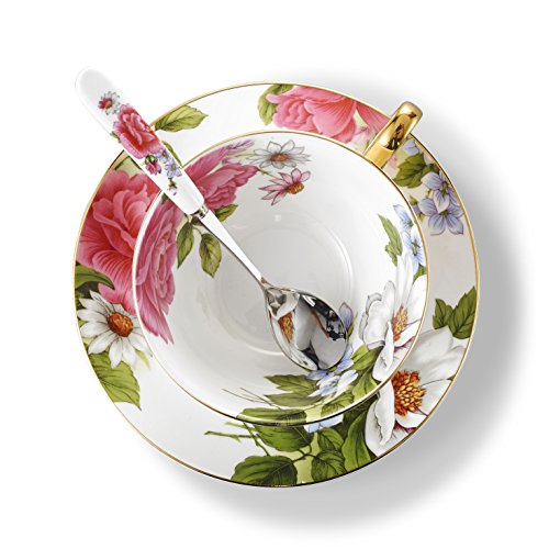 Panbado 3 Piece Bone China Tea Cup and Saucer Set with Spoon Porcelain Gold Rimmed Coffee Teacup, Service for 1, 200 ml/6.8 oz, Pink Rose, Cup & Saucer