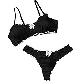 Verdusa Women's Satin Lingerie Set Sexy Lettuce Trim Bow Bra and Thong Sets