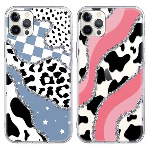 RUMDEY 2 Pack Leopard Pattern for iPhone 13 Pro Max 6.7 Inch Phone Case,Fashions Cow Print Aesthetic Design Cases Soft Silicone Slim TPU Shockproof Protective Fundas for Teen Girls Women,Pink&Blue