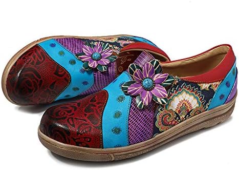 CrazycatZ Womens Leather Loafers Oxford Shoes,Vintage Floral Printing Splicing Pattern Vintage Shoes