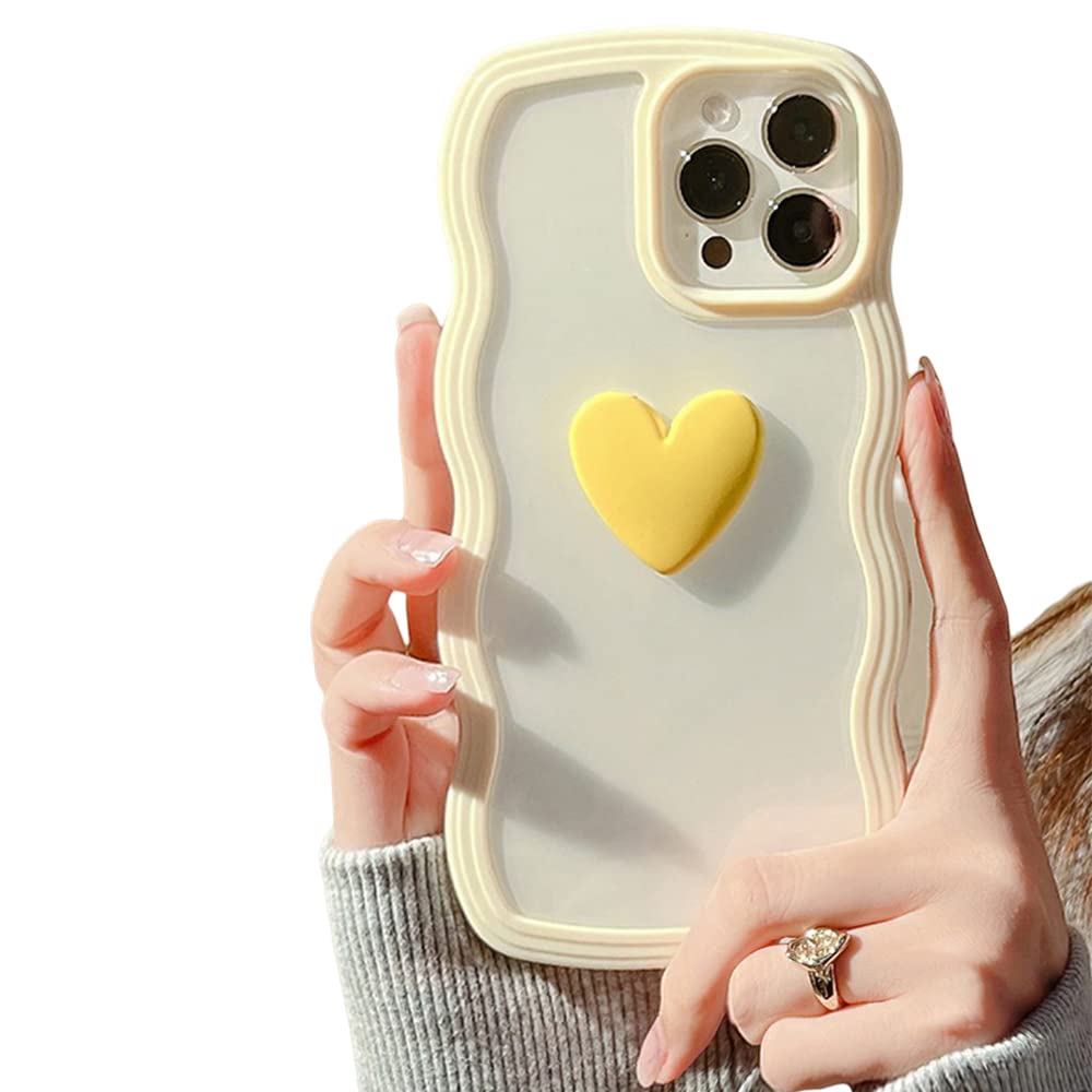 ZTUOK Compatible with iPhone 11 Case for Girls Women,Curly Simple Wave Design Clear Transparent Case with Cute 3D Love Heart Shockproof Slim Protective Soft TPU Bumper Cover for iPhone 11-Yellow