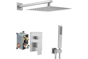 JingGang Brushed Nickel Shower System 10 Inch Bathroom Luxury Rain Mixer Shower Combo Set Wall Mounted Rainfall Shower Head and Handheld System Shower Faucet Rough-in Valve Body and Trim Kit