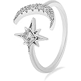 Artilady Cz Moon Star Rings for Women - Open Ring AAAA Cubic Zirconia Moon and Star Open Band Ring, Adjustable for US 5-9