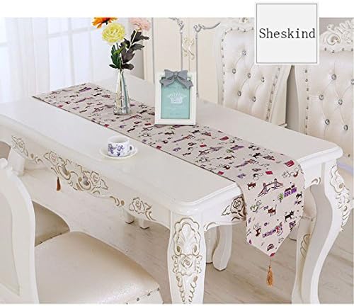 Linen Table Runner 13 x 71 Inch,Cartoon Cat,Pastoral Style,For Dinner Parties Events Decor