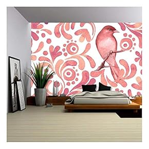 Vector - Bird on Branch 3. Watercolor Pattern. Seamless Background. Vector - Removable Wall Mural | Self-Adhesive Large Wallpaper - 66x96 inches