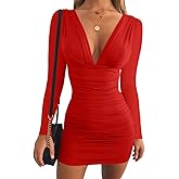 GOBLES Women's Sexy Long Sleeve V Neck Ruched Bodycon Mini Party Cocktail Dress