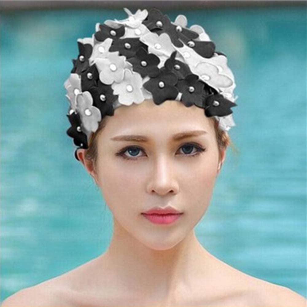 Floral Swimming Cap Women Swim Cap Flower Bathing Cap Vintage Nylon Swimming Hat Shower Cap for Ladies Long Short Hair Elastic Petal Retro Swimming Caps