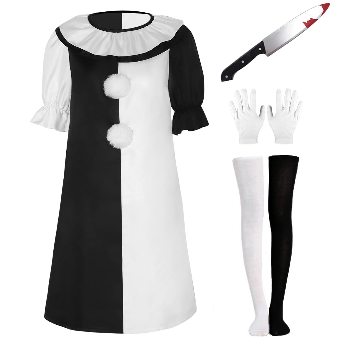 Photo 1 of MARCSONNIA Adult The Clown Costume Terrifier Jumpsuit Costume Horror Movie Halloween The Killer Clown Outfits (Black, White, Small)