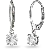 Sterling Silver Created White Sapphire 6mm Round Dangle Dainty Leverback Earrings, 3 Metal Options