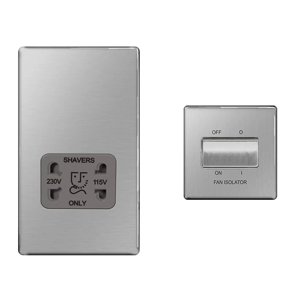BG Electrical fbs20g 115 - and 230 - Volts Dual Voltage Shaver Socket, Brushed Steel & Electrical 3-Pole Fan Isolator Switch, Brushed Steel, 2-Way, 10AX