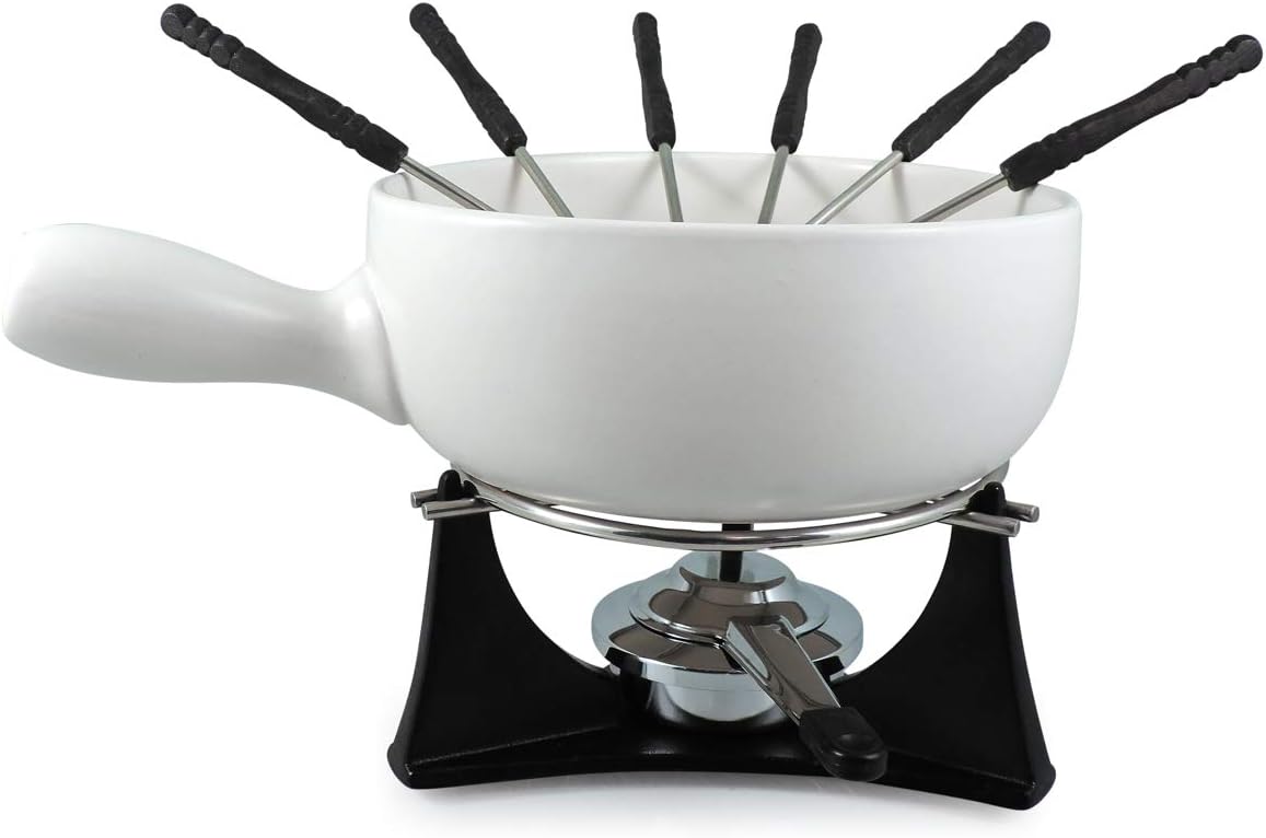 Swissmar Arctic 10pc Cheese Fondue Set | 2.9 qt white ceramic pot with black cast iron rechaud, 6 stainless steel fondue forks, and adjustable burner