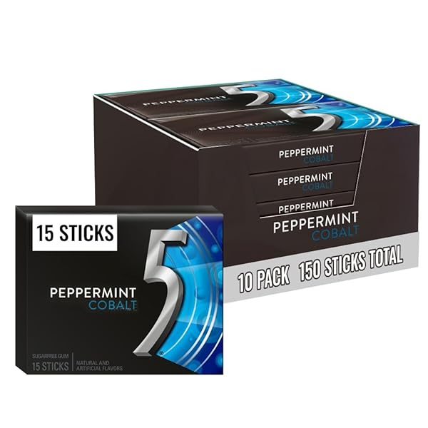 5 GUM PEPPERMINT COBALT SUGAR FREE CHEWING GUM BULK, STIMULATE YOUR SENSES WHILE LISTENING TO YOUR FAVORITE MUSIC, MINI PURSE ESSENTIALS, 15 STICKS (PACK OF 10)