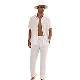 EISHOPEER Men's Linen Sets 3 Pieces Casual Button Down Cotton Linen Shirt and Long Pants Set Beach Outfits with Hats S-3XL