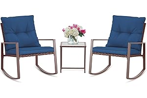SUNCROWN 3-Piece Outdoor Rocking Chairs Patio Bistro Set Patio Brown Wicker Chairs with Glass Coffee Table, Dark Blue Cushion