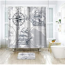 Riyidecor Nautical Sailboat Map Shower Curtain 72Wx72H Inch for Bathroom Ship Anchor Accessories for Boys Kids Sketch… 51HaMusD09L