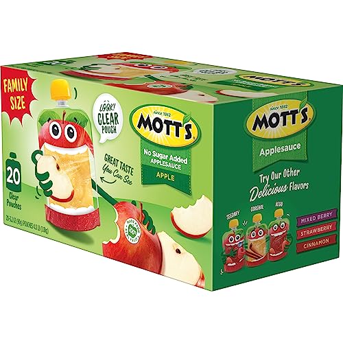 MOTT’S NO SUGAR ADDED APPLESAUCE, MADE FROM REAL FRUIT, NO ARTIFICIAL FLAVORS, 3.2 OZ CLEAR POUCHES, 20 PACK