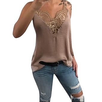 Bellelove?1 Stück Wilden Damen Tops Sexy V-Ausschnitt Tank, Top Mit Spitze Ärmellose T-Shirt Camisole Weste Bluse Trägershirt