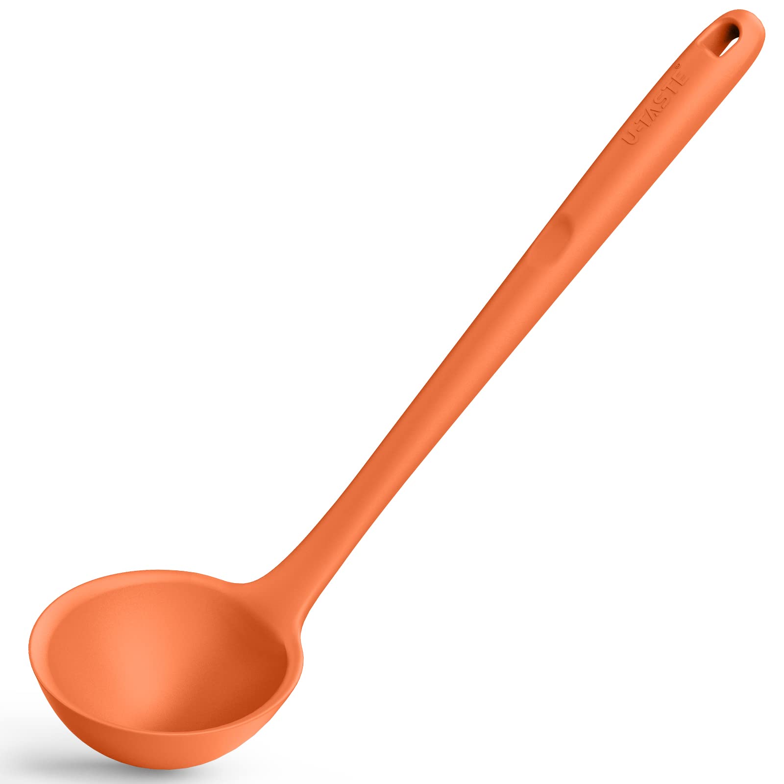 34 cm Silicone Soup Ladle: U-Taste 315℃ Heat Resistant Non-Stick Seamless Rubber Large Kitchen Deep Serving Spoon with Non-Slip Solid Long Handle for Cooking Sauce, Stews, Gravies, Chili (Orange)