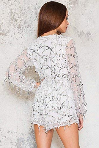 Miss ord Long Sleeve Slim Soft Lining Casual Jumpsuit Romper with Sequins White X-Small