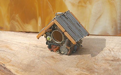 Small Hanging Birdhouse with Industrial Theme Nail Roof Nuts &amp; Bolts Keys and Mixed Media Decorative Birdhouse