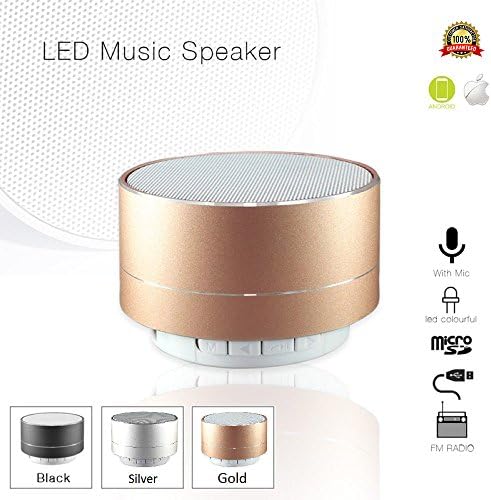Mini Portable Bluetooth Speaker 4.0 with Light &amp; Microphone for iPhone/iPad/iPod/Samsung Tablet Smartphone/Laptop PC Rechargeable for Outdoor/Home/Travel in Gold Metal Aluminum
