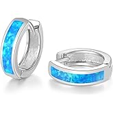 CiNily Huggie Earrings Blue Opal Hinged Hoop Earrings 14K White Gold Plated Small Hoop Earrings for Women Men Cute Dainty Earrings