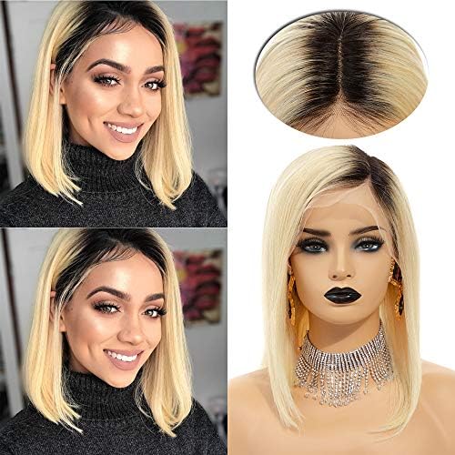 Kadoyee 9a Ombre 1B 613 Color Lace Front Wig Black Roots 100% Brazilian Virgin Hair With Baby Hair Glueless Human Hair Silky Straight Blonde Bob Wigs 10Inches 150% density