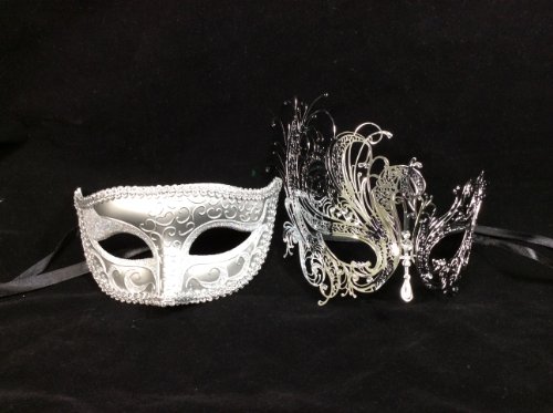 His & Hers Masquerade Couples Venetian Design Masks - 2 Piece Silver Colored Set - Perfect Couple Mardi Gras Long Swan Party Halloween Ball Prom by Unknown