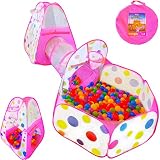 Playz 3pc Kids Play Tent Crawl Tunnel and Ball Pit Pop Up Playhouse Tent with Basketball Hoop for Girls, Boys, Babies, and Toddlers for Indoor and Outdoor Use with Pink Carrying Case
