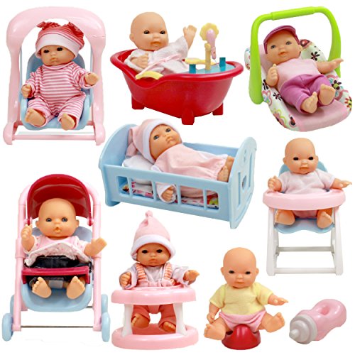 Set Of 8 Assorted 5 Mini Dolls, High Chair, Stroller, Crib ...