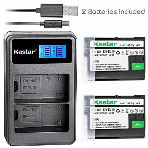 Kastar Battery 2 Pack + Dual LCD USB Charger for Nikon EN-EL15 ENEL15 & Nikon 1 V1, D500, D600, D610, D750, D800, D7000, D7100, D800, D800E DSLR Camera, MB-D11, MB-D12, MB-D14, MB-D15, MB-D16 Grip