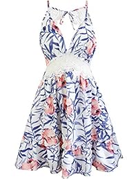 FANCYINN - Vestido de patchwork de encaje con estampado floral y cuello en V acampanado para mujer