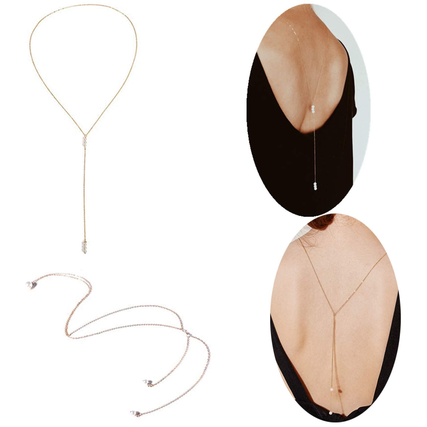 YouU 2 Pcs Pearl Backdrop Necklace Simple Back Chain Necklace for Wedding Back Y Necklace Jewelry with Box