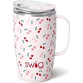 Swig Life 18oz Travel Mug, Insulated Tumbler with Handle and Lid, Cup Holder Friendly, Dishwasher Safe, Stainless Steel, Travel Coffee Cup (Cherry Pie)