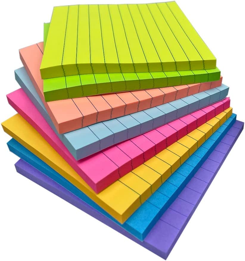 Sticky Notes, Lined Colourful Notepad, Office, Schools, Kids, Children, Fun & Assorted, to-Do Memos, Size 4"x 6" [6 Packs x 50 Sheets]