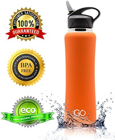 GO Active Insulated Stainless Steel Water Bottle with Premium Straw Lid. (32oz, Orange)