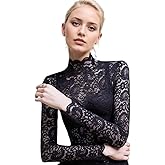 MAAYKOM Women's Sexy Slim Fitting Long Sleeved Turtleneck Pullover Bottom Shirt Mesh Lace Perspectives T-Shirt Top