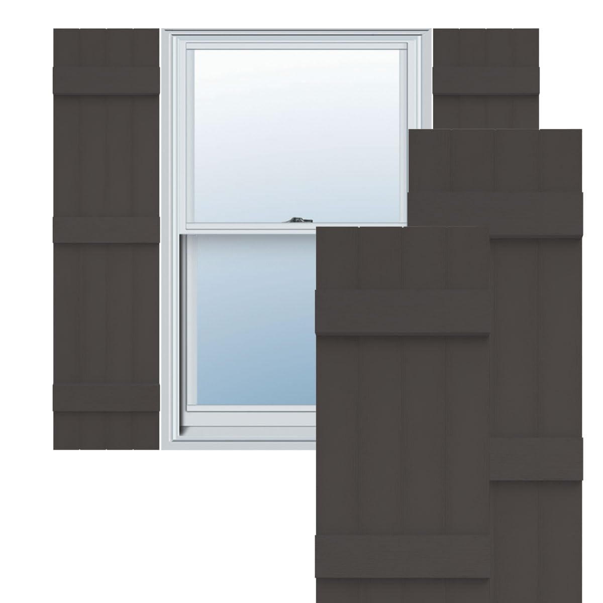 Photo 1 of Ekena Millwork Lifetime Vinyl LJ4S14X05900TG Standard Four Board Joined, Board-n-Batten Vinyl Shutters, w/Installation Shutter-Lok's & Matching Screws (Per Pair), 14'W x 59'H, Tuxedo Grey