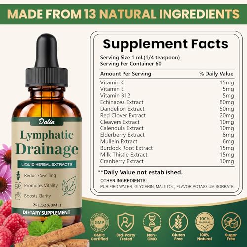 Dalin Liposomal Lymphatic Drainage Drops - 21 in 1 Organic Lymphatic Drainage Supplement with Burdock Root, Echinacea, Elderberry, Calendula - Supports Lymphatic Health - Liquid Form - 1pc - 2 fl oz