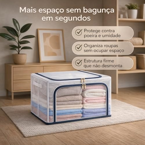 Caixa Organizadora Impermeavel Premium Organizador de Roupas Cobertas Edredons com Ziper Duplo 24, 66 e 100 Litros, Dobravel Empilhavel Estrutura Reforcada Transparente Closet Guarda Roupas 100 Litros