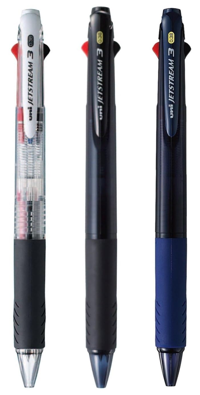 jetstream Assorted 3 Colour Ballpoint Pen - 0.38 mm, Black Blue Red Ink, Transparent, Transparent Black, Transparent Navy