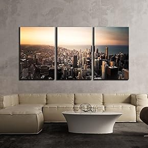 3 Piece Canvas Wall Art - Skyline of City Downtown by The Seashore - Modern Home Art Stretched and Framed Ready to Hang - 16"x24"x3 Panels